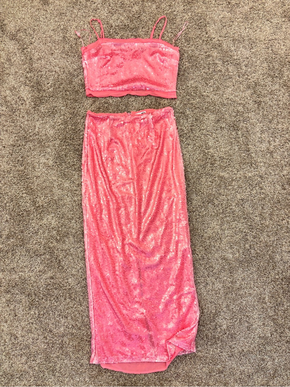 Fashion Nova Coral Pink Sequin Two-Piece Skirt Set